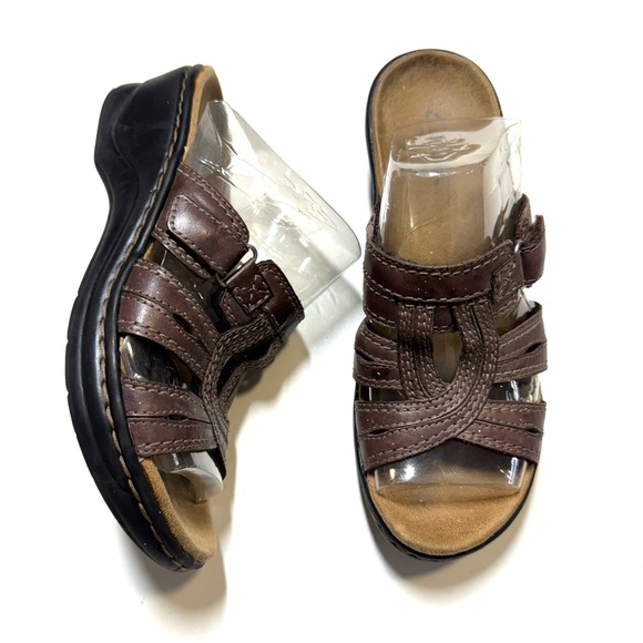 Clarks Bendables Brown Leather Strappy Slip On Slide Comfort Sandals Women’s 6 - Picture 1 of 9